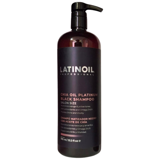 LATINOIL Platinum Black Shampoo bottle closeup emphasizing tone enhancement for blond hair
