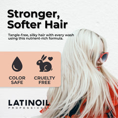 LATINOIL Platinum Black Shampoo packaging box illustrating sustainable, phosphates- and paraben-free formula
