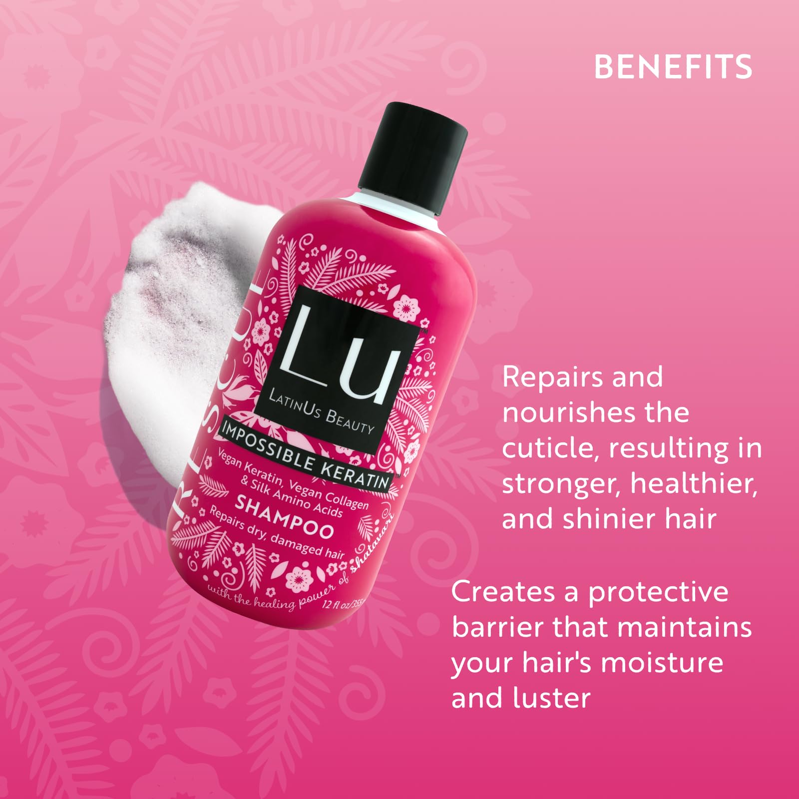 Latinus Beauty Rescue Impossible Keratin Shampoo foam demonstrates rich lather for even distribution
