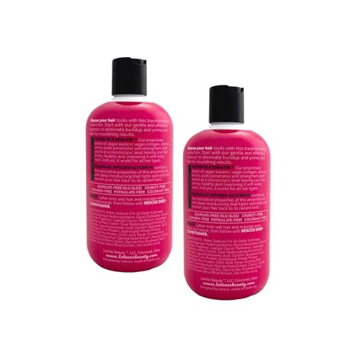 Latinus Beauty Rescue Impossible Keratin Shampoo packaging close-up highlights vegan keratin