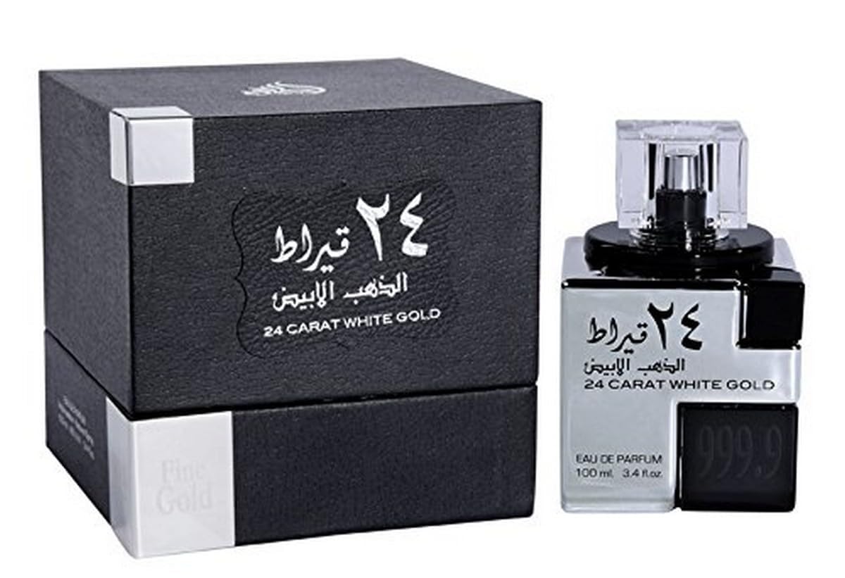 Lattafa 24 Carat White Gold bottle, ideal for evenings and unisex daily wear.