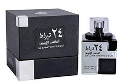 Lattafa 24 Carat White Gold bottle, ideal for evenings and unisex daily wear.