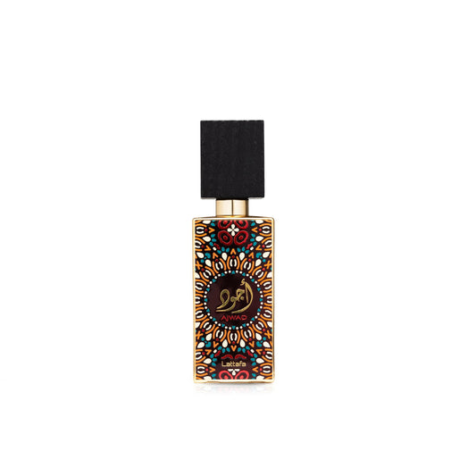 Lattafa Ajwad bottle front emphasizes elegant design for refined fragrance lovers.
