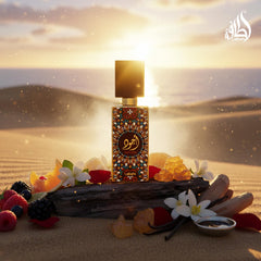 Lattafa Ajwad perfume essence in glass highlights amber and vanilla warmth.