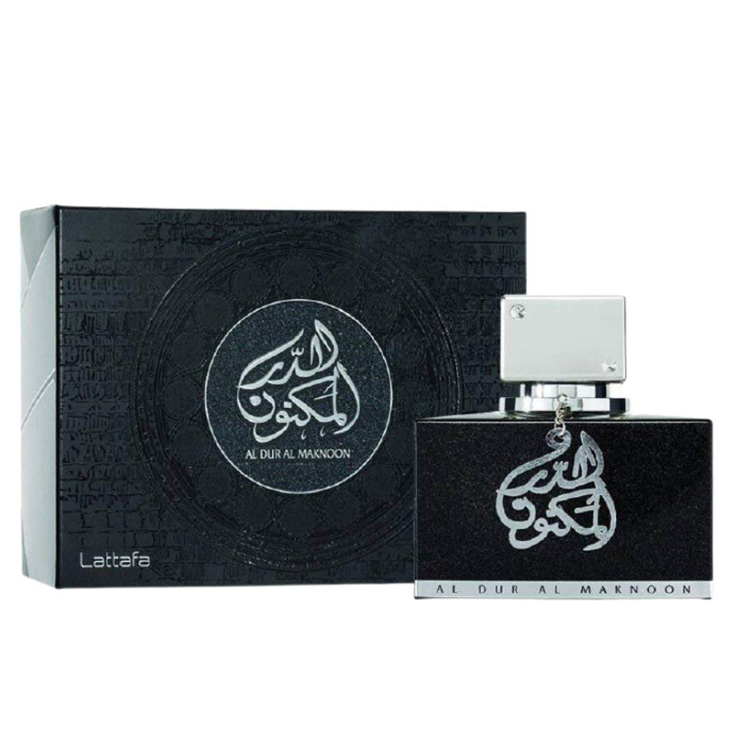 Lattafa Al Dur Al Maknoon Silver bottle front view for versatile daily wear.