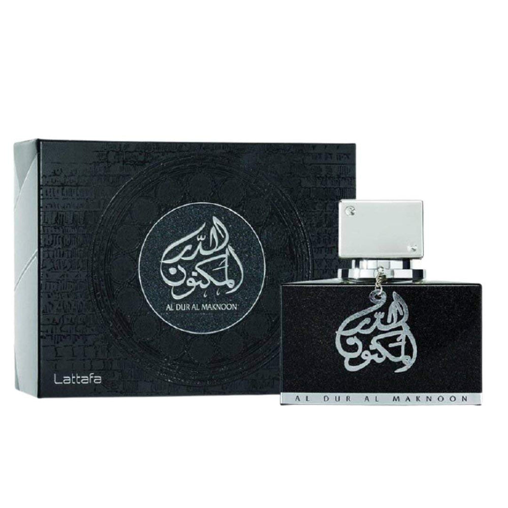Lattafa Al Dur Al Maknoon Silver bottle front view for versatile daily wear.