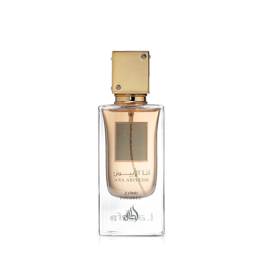 Lattafa Ana Abiyedh Poudree bottle closeup, powdery floral scent