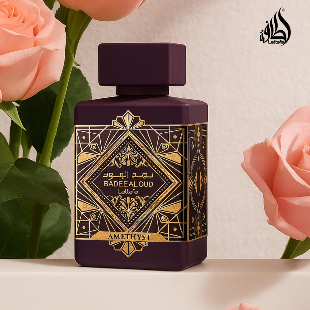 Lattafa Bade'e Al Oud Amethyst back notes graphic hints warmth and depth.
