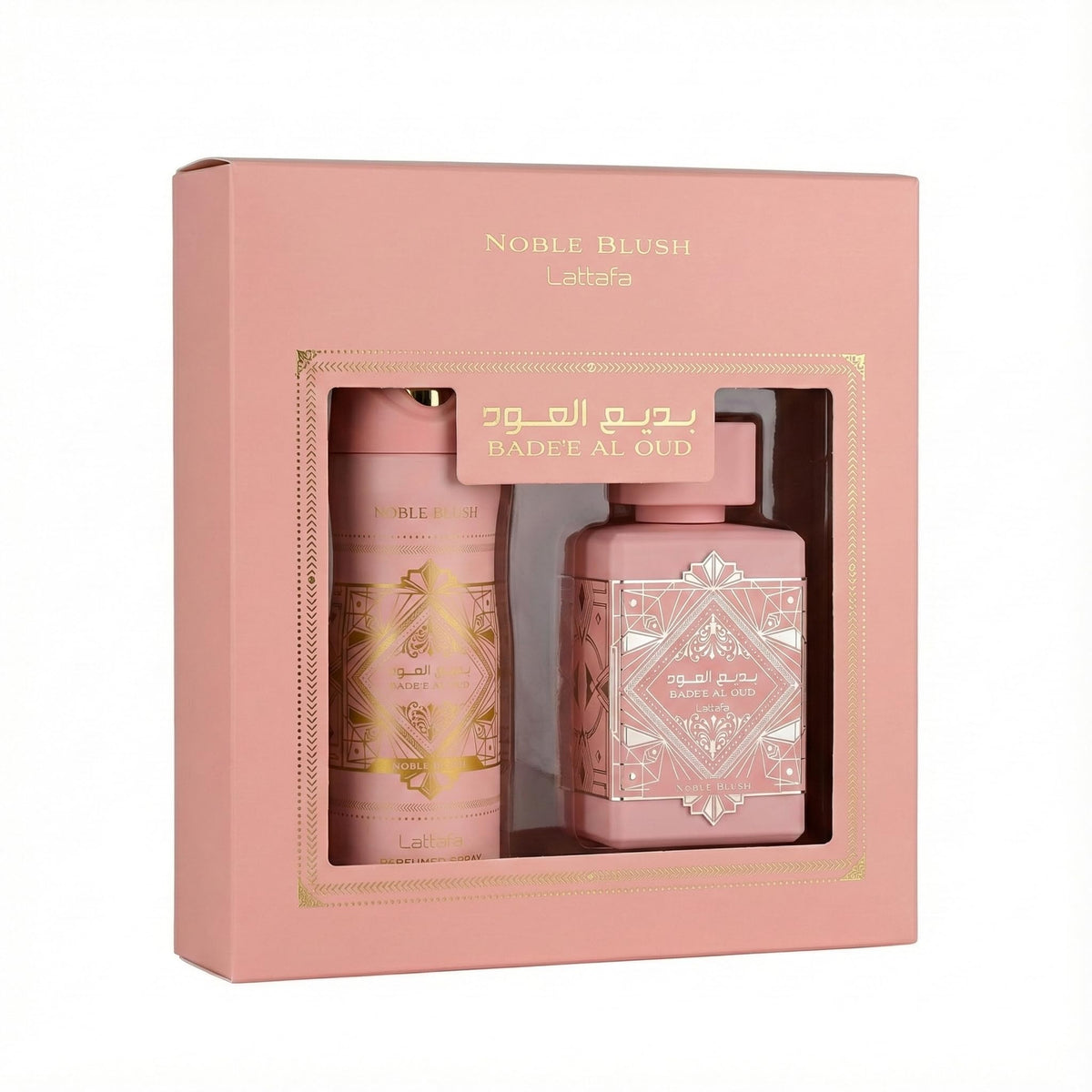 Lattafa Badee Al Oud Noble Blush EDP bottle, long-lasting day-to-night fragrance.