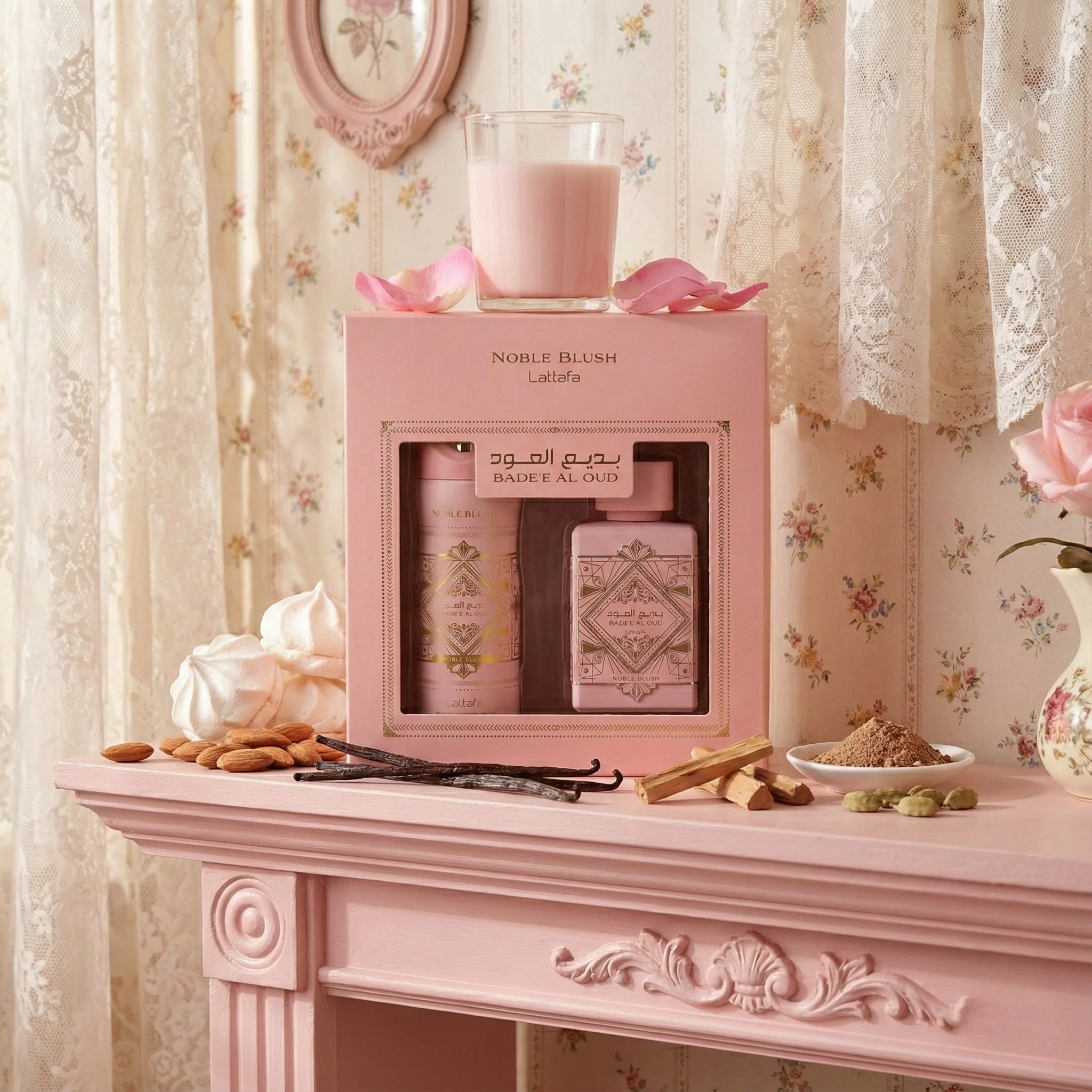 Gift set box presentation of Lattafa Badee Al Oud Noble Blush, ideal for gifting.