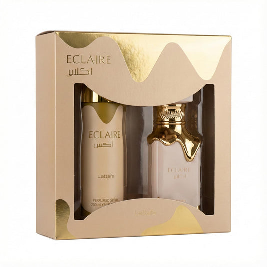 Lattafa Eclaire 100ml EDP bottle in premium gift box, ready for gifting.
