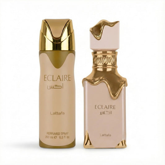 Lattafa Eclaire 200ml body spray bottle offering lasting scent for daily wear.