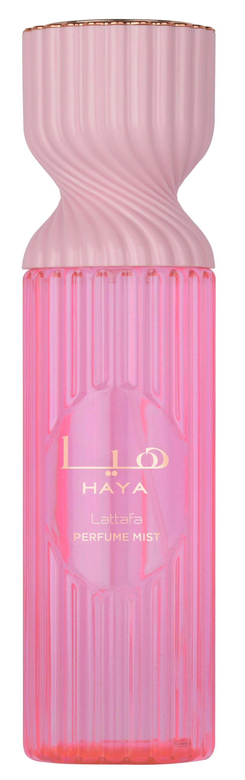 Lattafa Haya Perfume Mist pink champagne opening for a fresh daytime boost.