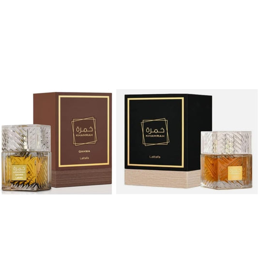 Lattafa Khamrah bottle pour highlighting warm cinnamon and vanilla notes for a bold, lasting impression