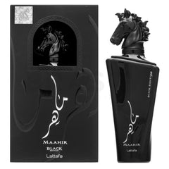 Lattafa Maahir Black Edition bottle front view, unisex oud-amber scent for daily wear