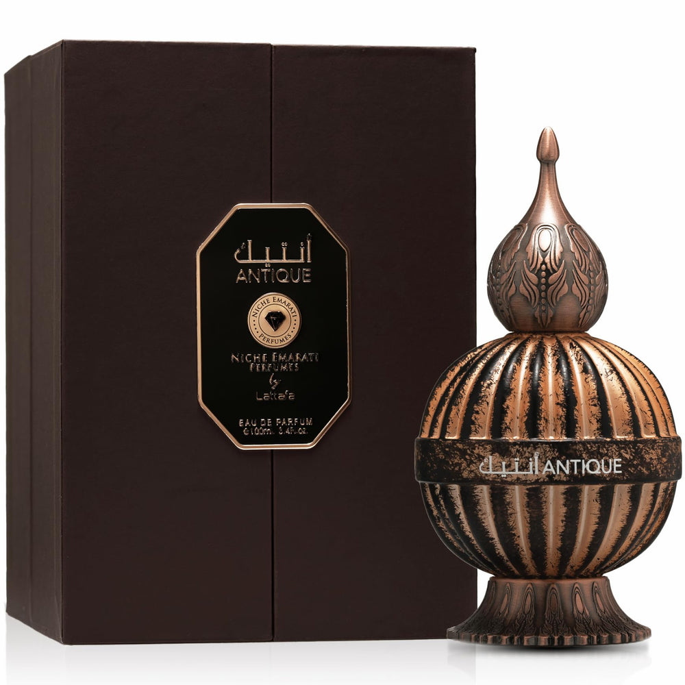 Lattafa Niche Emarati Antique bottle closeup highlights premium craftsmanship