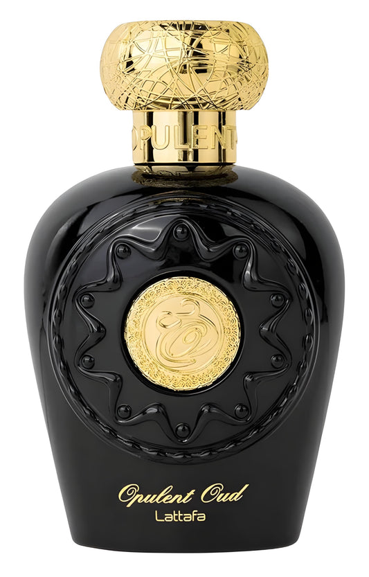Lattafa Opulent Oud bottle front view; unisex aroma for all-day wear