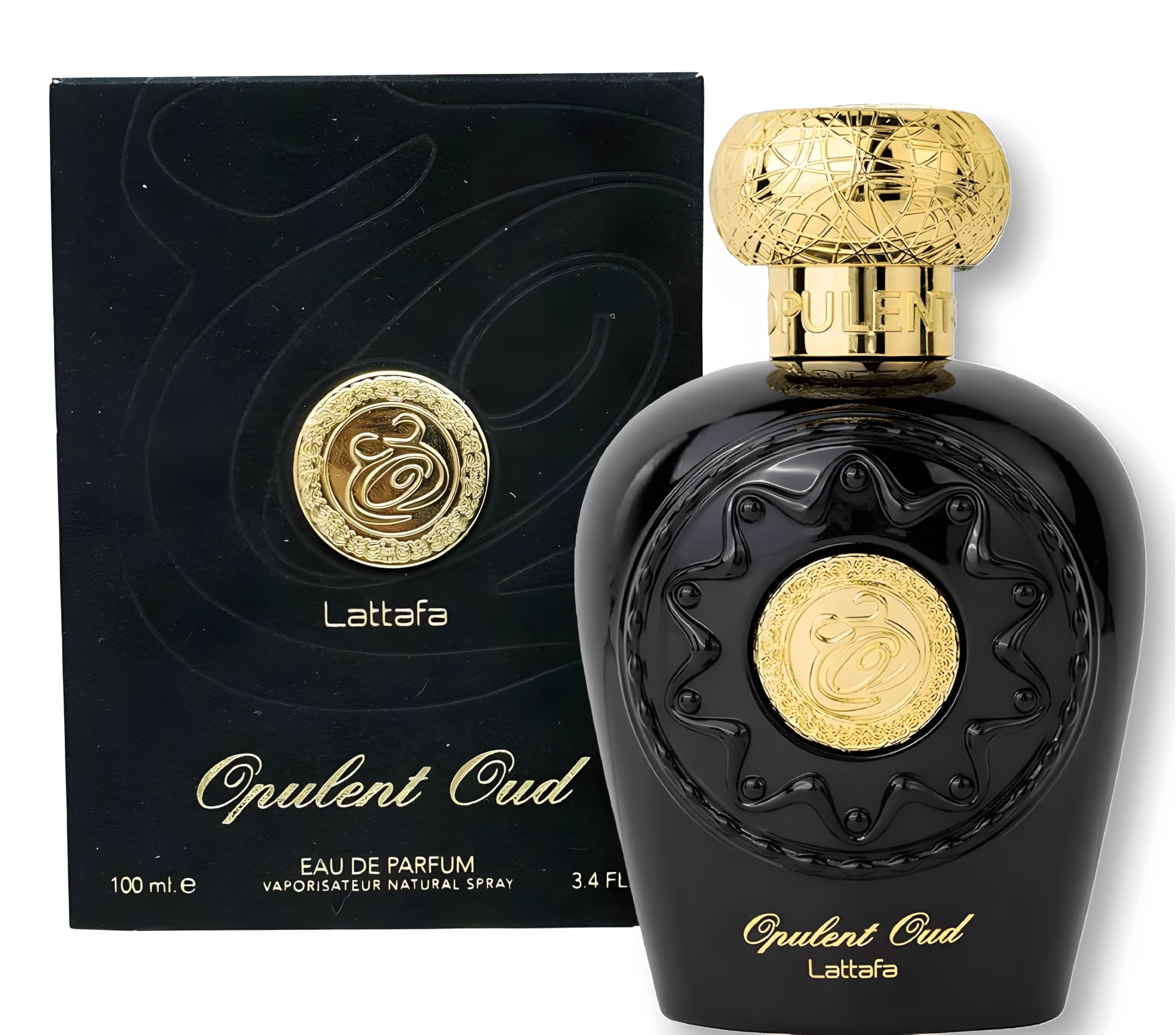 Lattafa Opulent Oud bottle side view; sophisticated style companion