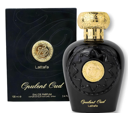 Lattafa Opulent Oud bottle side view; sophisticated style companion
