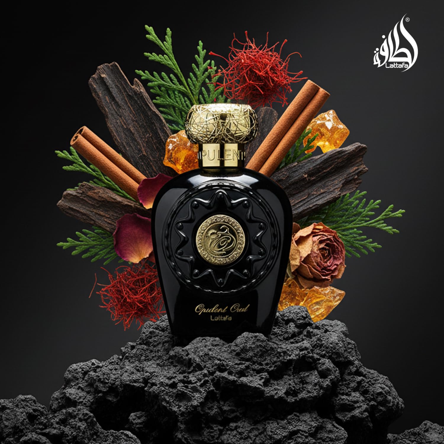 Lattafa Opulent Oud spray action; quick release of rich aroma