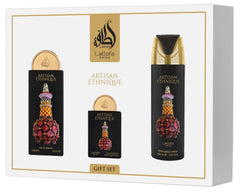 Lattafa Pride Artisan Ethnique 3-piece gift set, ideal for gifting bold, warm fragrances.