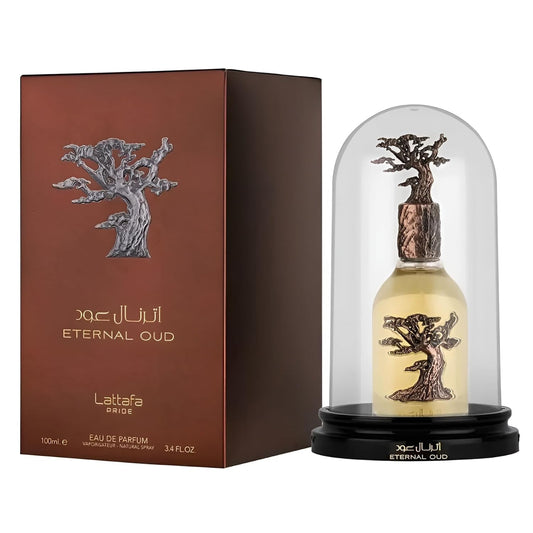 Lattafa Pride Eternal Oud bottle close-up highlighting warm amber and oud notes.