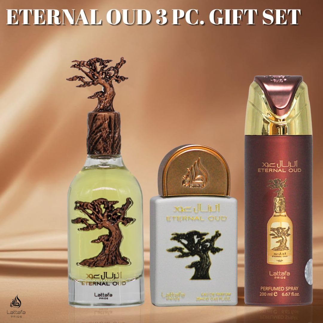 Lattafa Pride Eternal Oud packaging and bottles presented together.