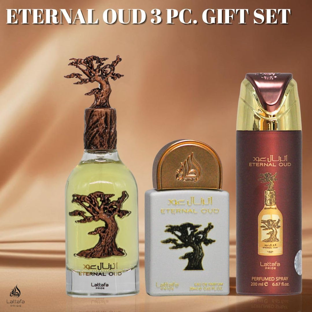 Lattafa Pride Eternal Oud packaging and bottles presented together.