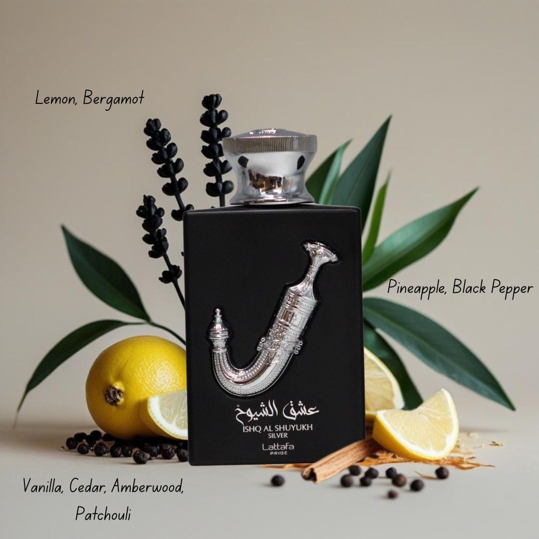 Lattafa Pride Ishq Al Shuyukh Silver 0.65 oz EDP, compact travel-friendly.