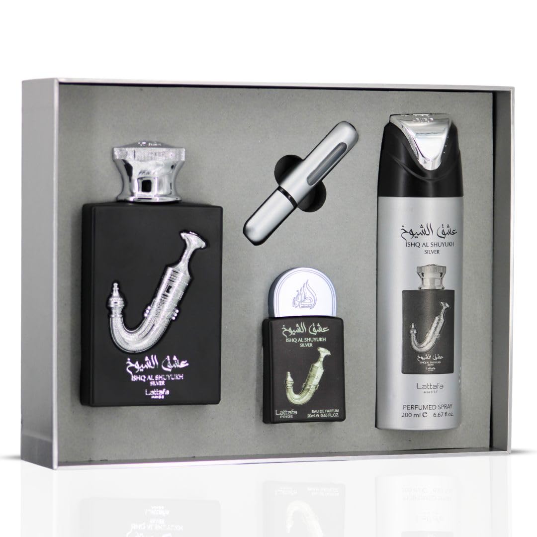 Lattafa Pride Ishq Al Shuyukh Silver 3.4 oz EDP bottle, long-lasting evening fragrance.