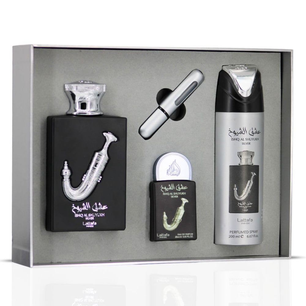 Lattafa Pride Ishq Al Shuyukh Silver 3.4 oz EDP bottle, long-lasting evening fragrance.