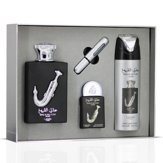 Lattafa Pride Ishq Al Shuyukh Silver 3.4 oz EDP bottle, long-lasting evening fragrance.