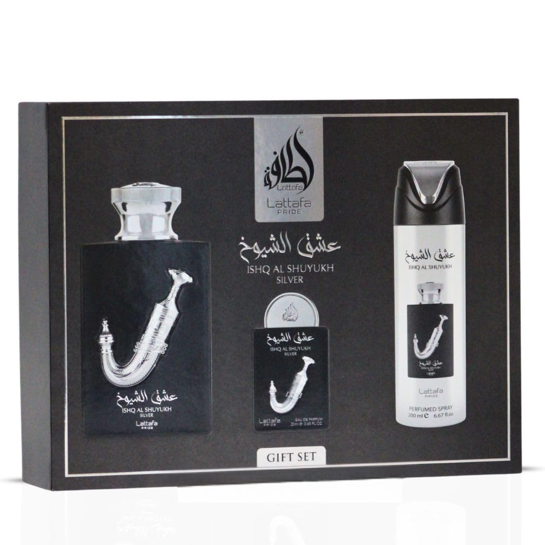 Lattafa Pride Ishq Al Shuyukh Silver gift box front, ideal for gifting on special occasions.