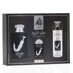 Lattafa Pride Ishq Al Shuyukh Silver gift box front, ideal for gifting on special occasions.