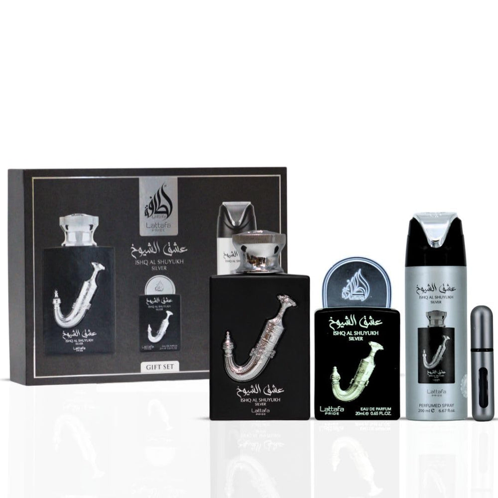 Lattafa Pride Ishq Al Shuyukh Silver 6.7 oz perfumed spray, bold aroma.
