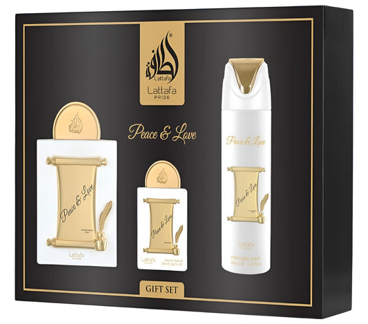Lattafa Pride Peace & Love unisex 3-piece gift set for everyday scent versatility.