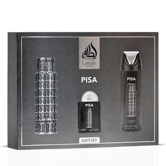 Lattafa Pride Pisa EDP bottle with citrus top notes for a fresh daytime presence.