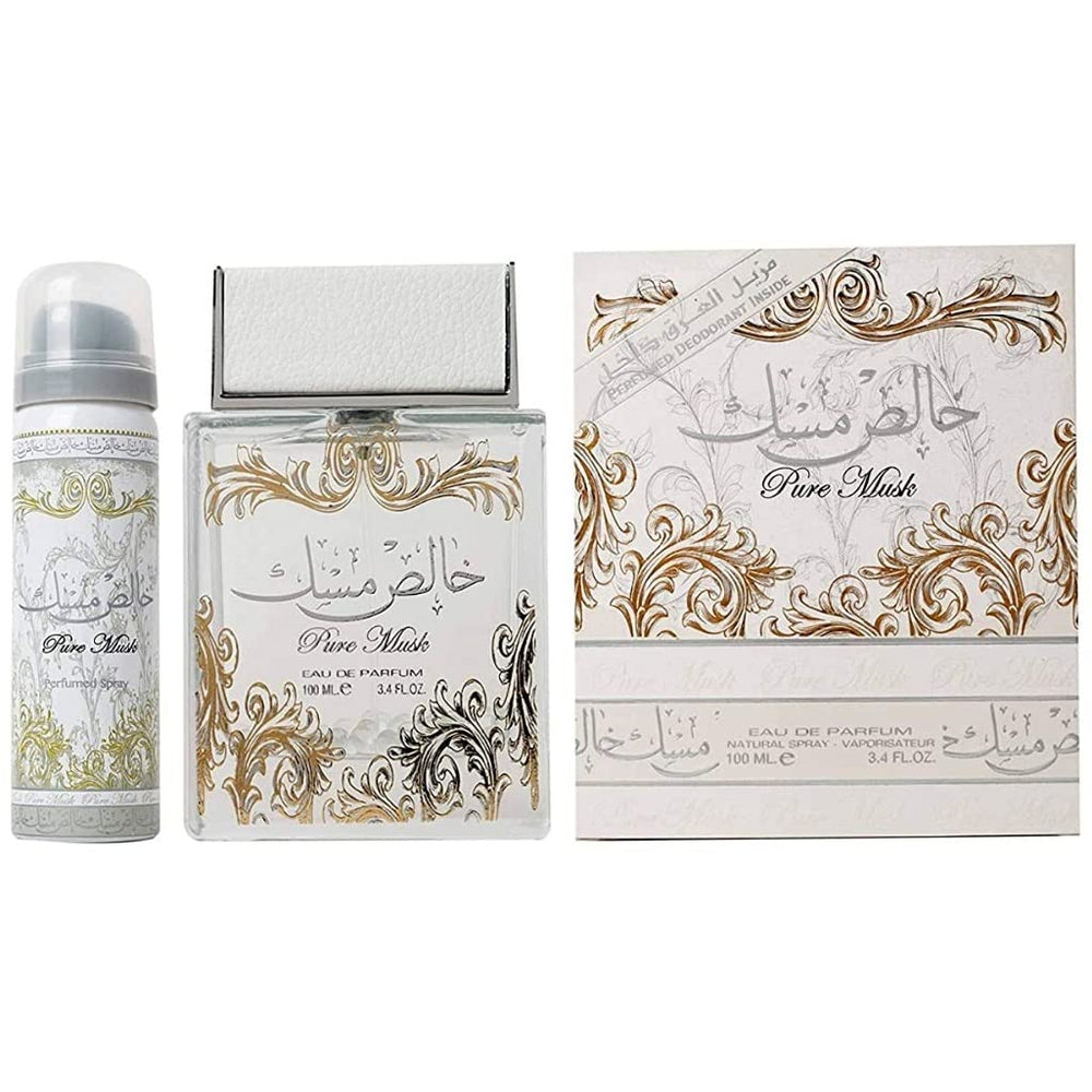 Lattafa Pure Musk EDP bottle pouring, lasting unisex fragrance for daily wear.