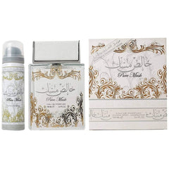 Lattafa Pure Musk EDP bottle pouring, lasting unisex fragrance for daily wear.