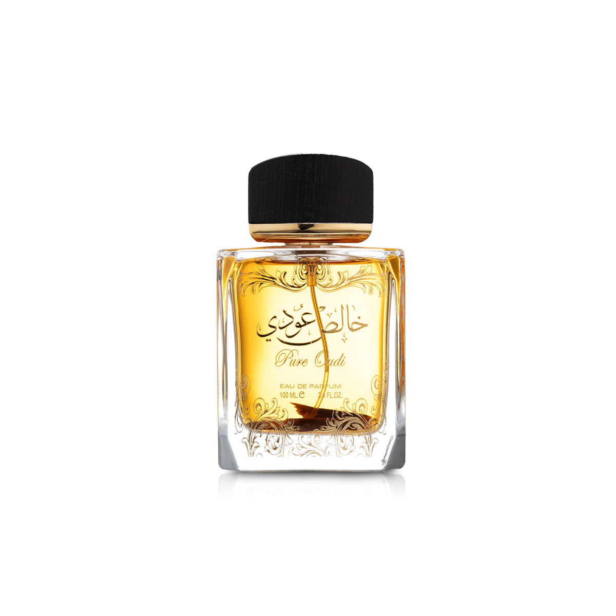 Lattafa Pure Oudi EDP bottle front view highlighting bold cinnamon and oud.