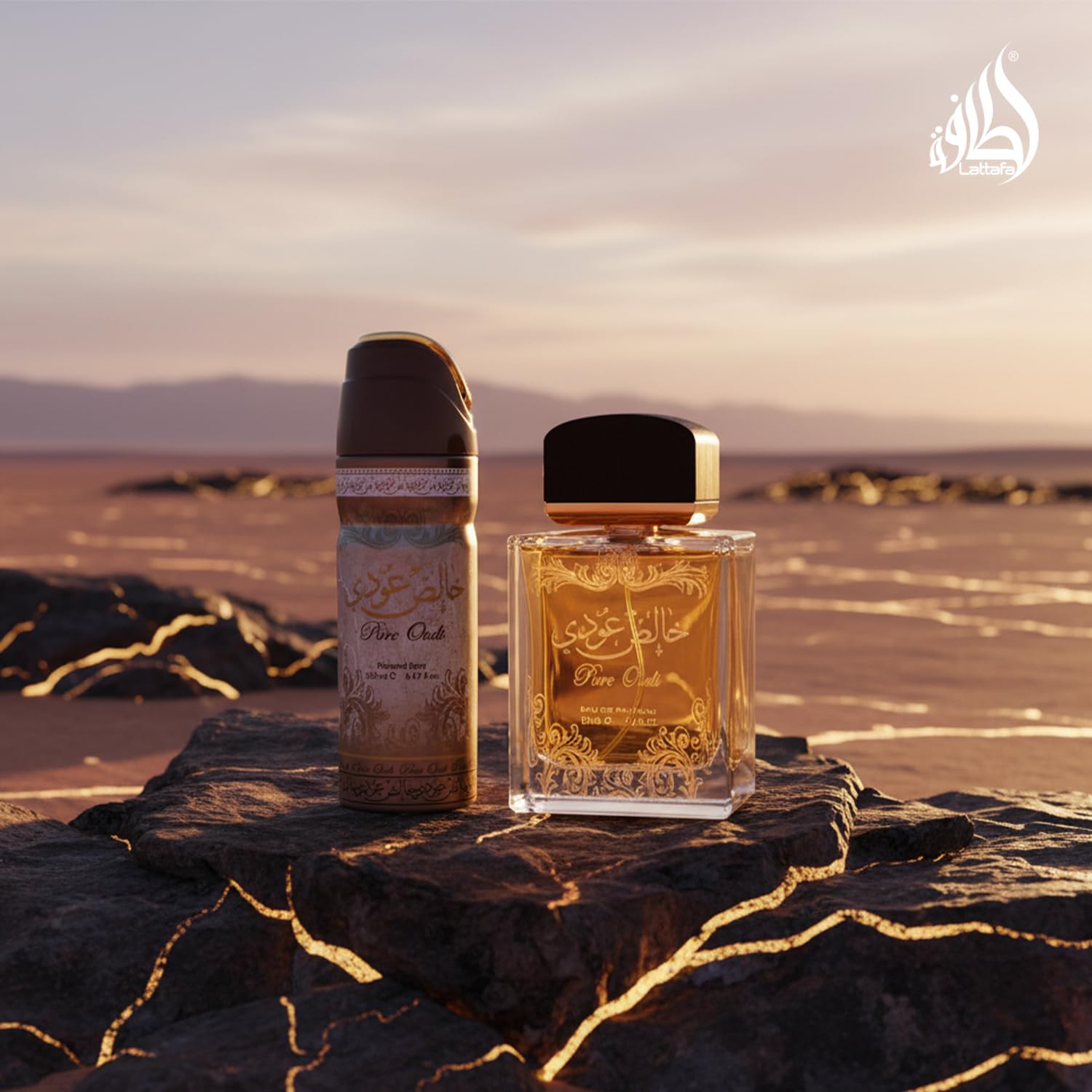 Lattafa Pure Oudi base-note closeup displays musk and vanilla warmth.