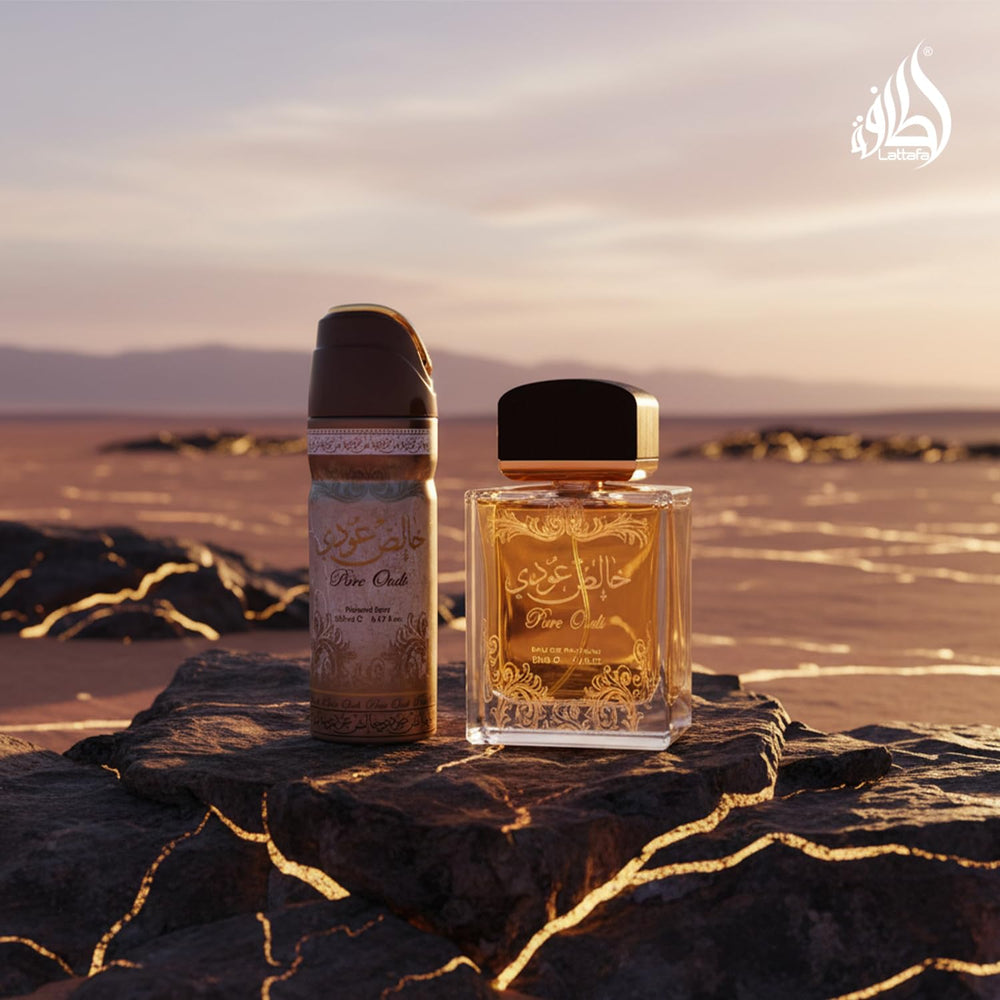 Lattafa Pure Oudi base-note closeup displays musk and vanilla warmth.