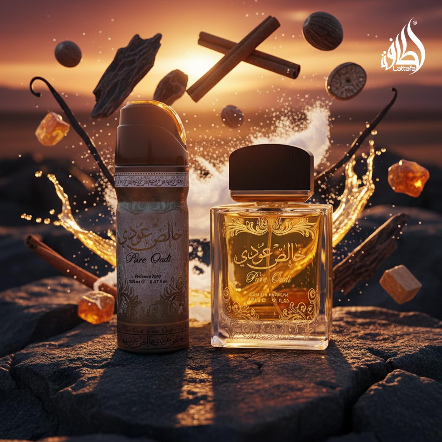 Lattafa Pure Oudi heart-note closeup highlighting jasmine and sandalwood.