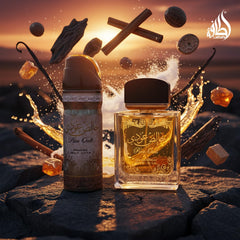 Lattafa Pure Oudi heart-note closeup highlighting jasmine and sandalwood.