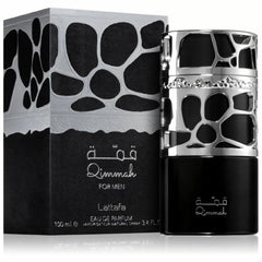 Lattafa Qimmah bottle closeup highlights creamy woody base hints for any occasion.