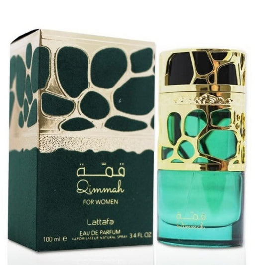 Lattafa Qimmah perfume bottle close-up, elegant look for special occasions.