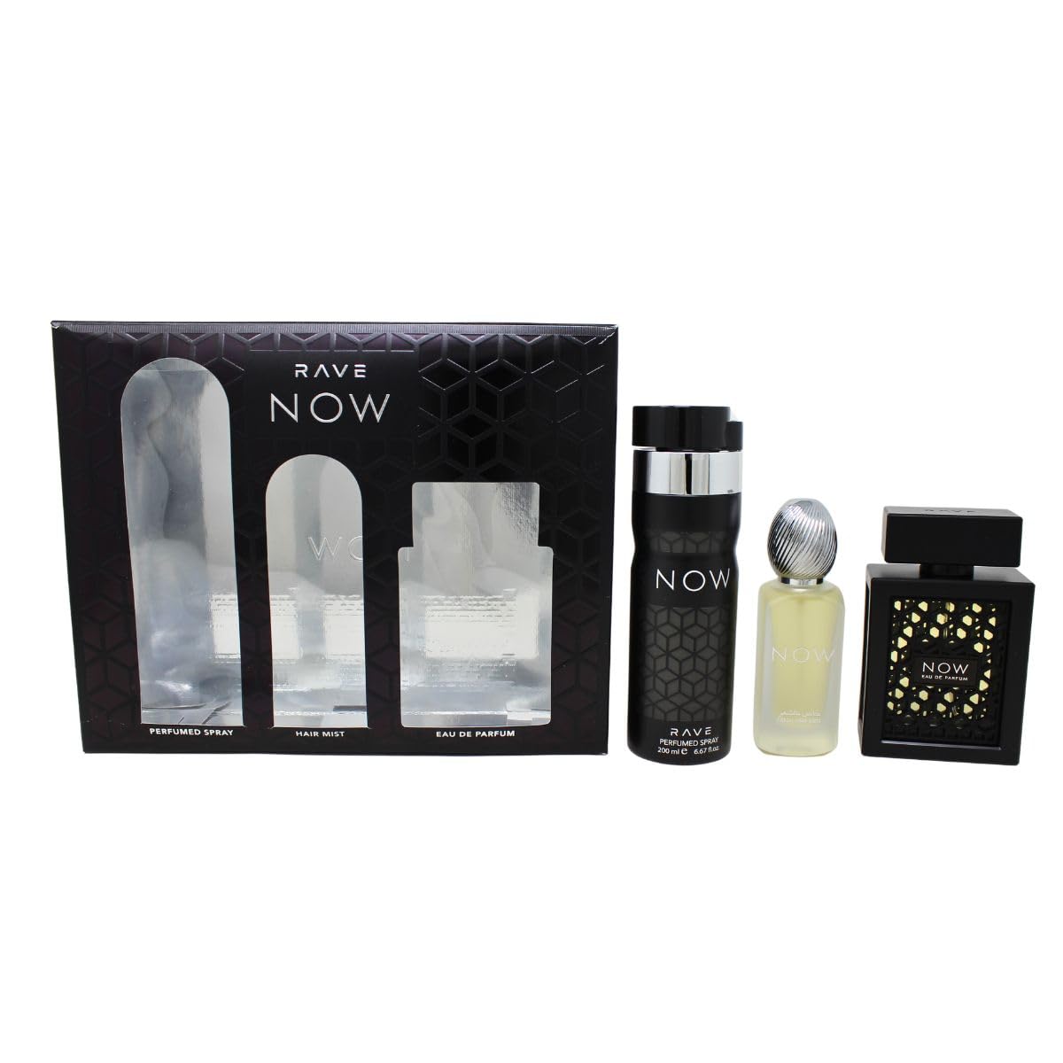 Lattafa Rave Now box inside view, complete fragrance trio displayed.