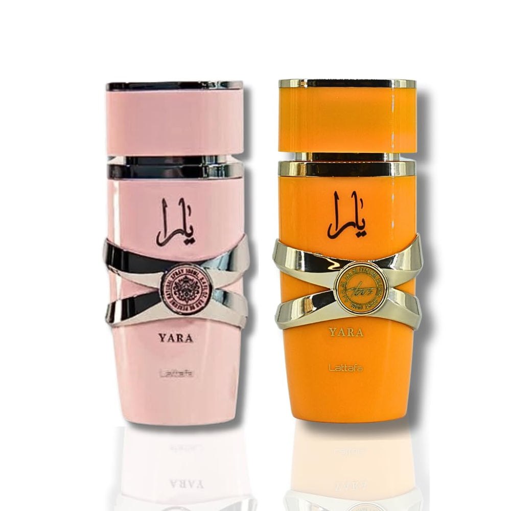 Lattafa Yara bottle front – a bold, tropical-inspired scent with a powdery finish for evening wear.