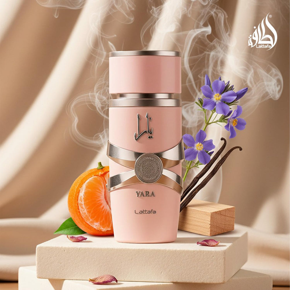 Lattafa Yara elegant bottle sits on a vanity for a refined gift.