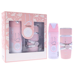 Lattafa Yara gift set bottle highlights tangerine and gourmand accord scent.